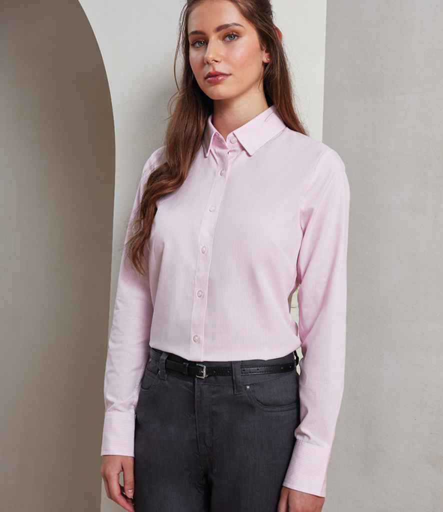Premier Ladies Long Sleeve Striped Oxford Shirt White/Pink