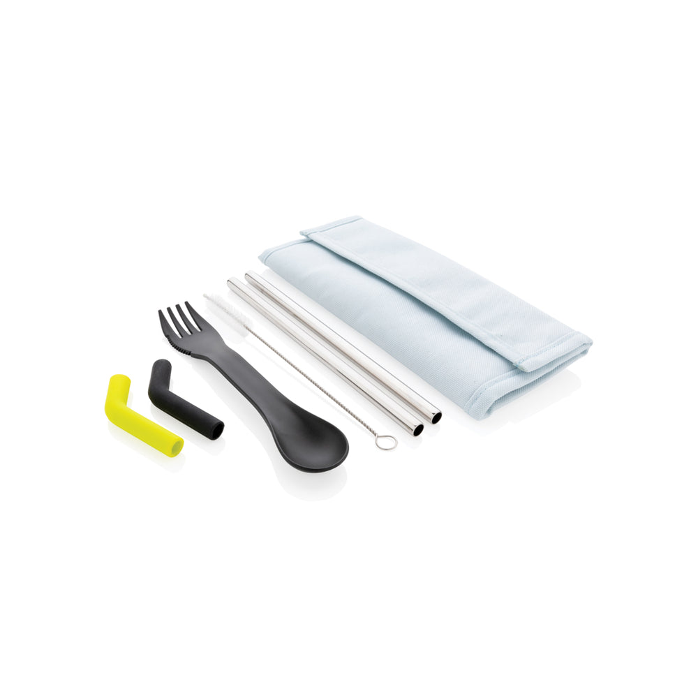 Branded Tierra 2pcs straw and cutlery set in pouch