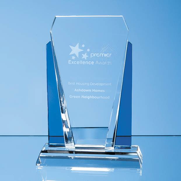 Branded 17.5cm Clear & Sapphire Blue Optical Crystal Sentinel Award