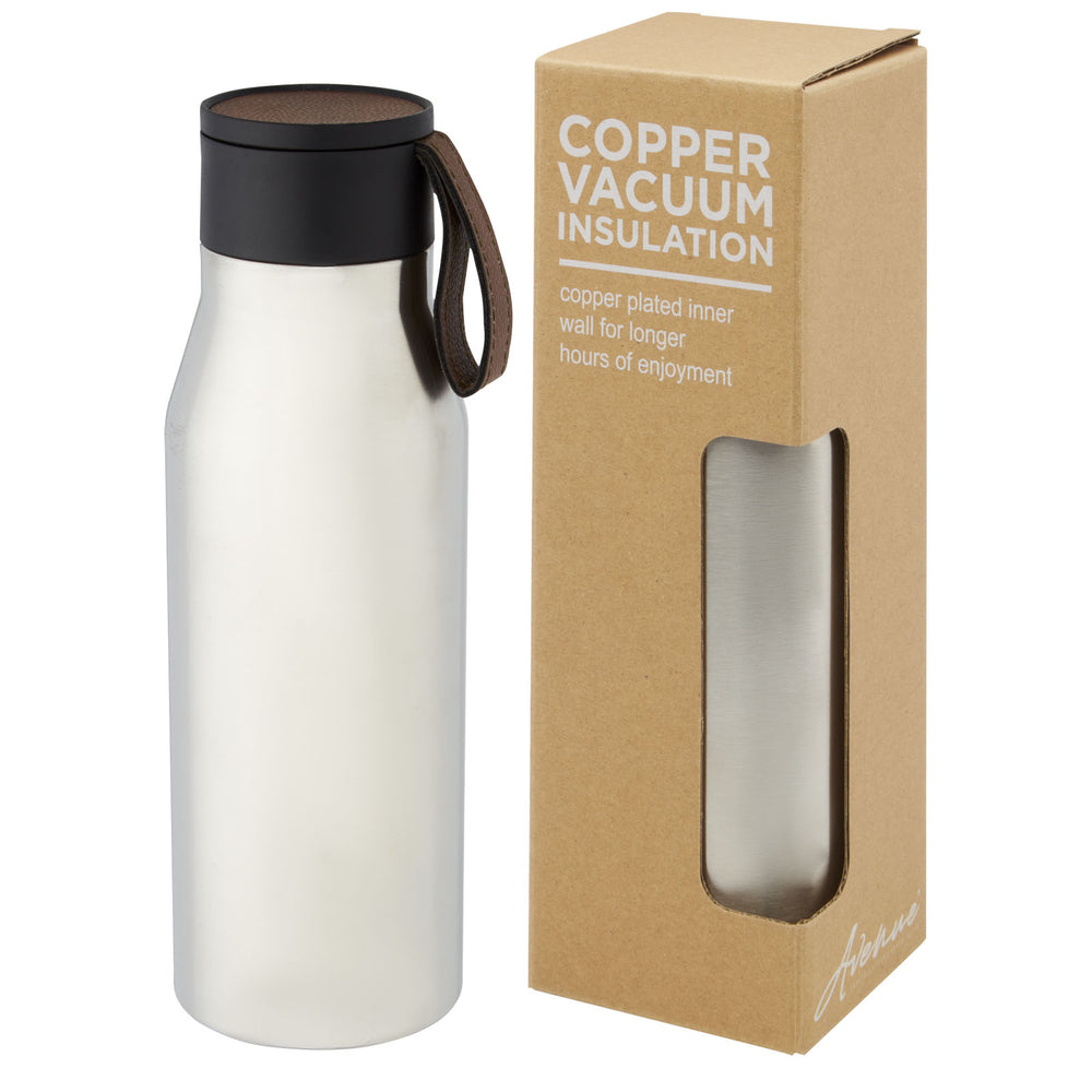Branded Ljungan 500 ml copper vacuum insulated stainless steel bottle with PU leather strap and lid