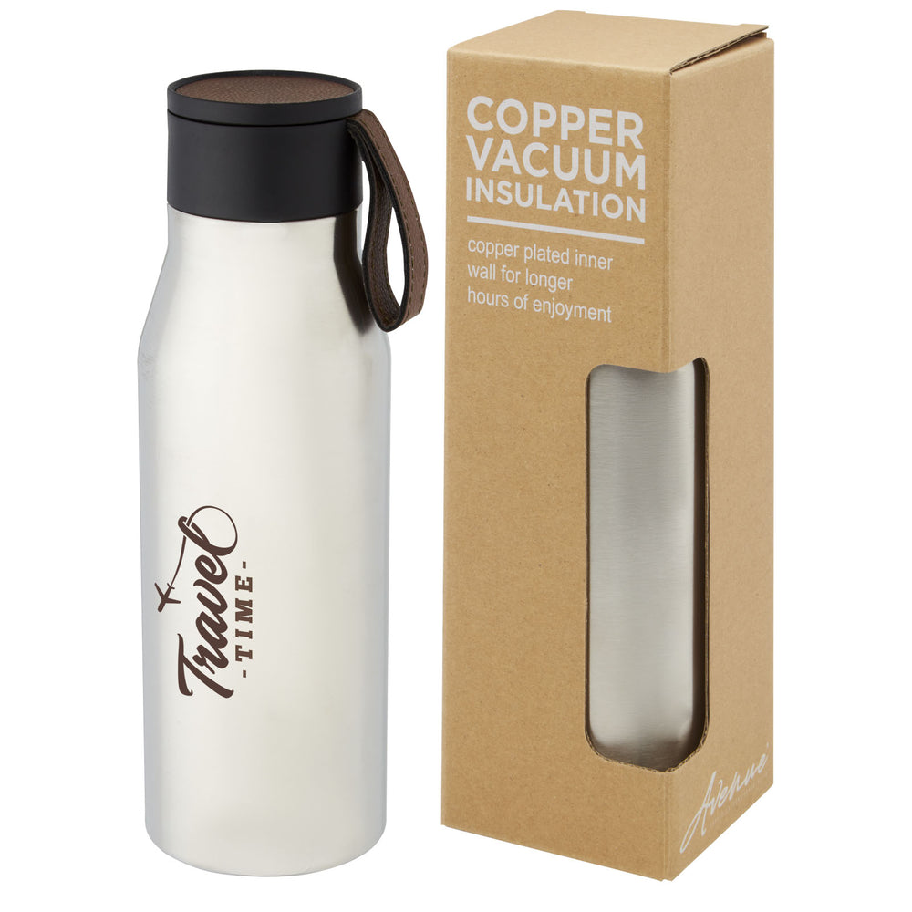 Branded Ljungan 500 ml copper vacuum insulated stainless steel bottle with PU leather strap and lid