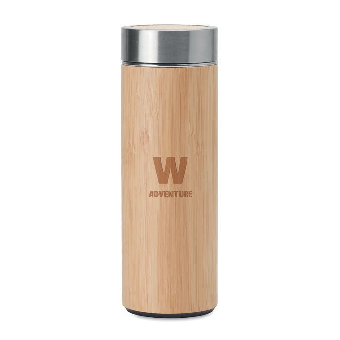 Branded Double wall bamboo flask with tea infuser 400ml