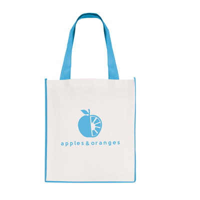 Branded White non woven PP shopper with coloured piping trim and handles