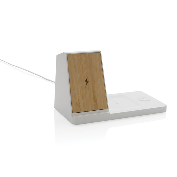 Branded Ontario recycled plastic & bamboo 3-in-1 wireless charger