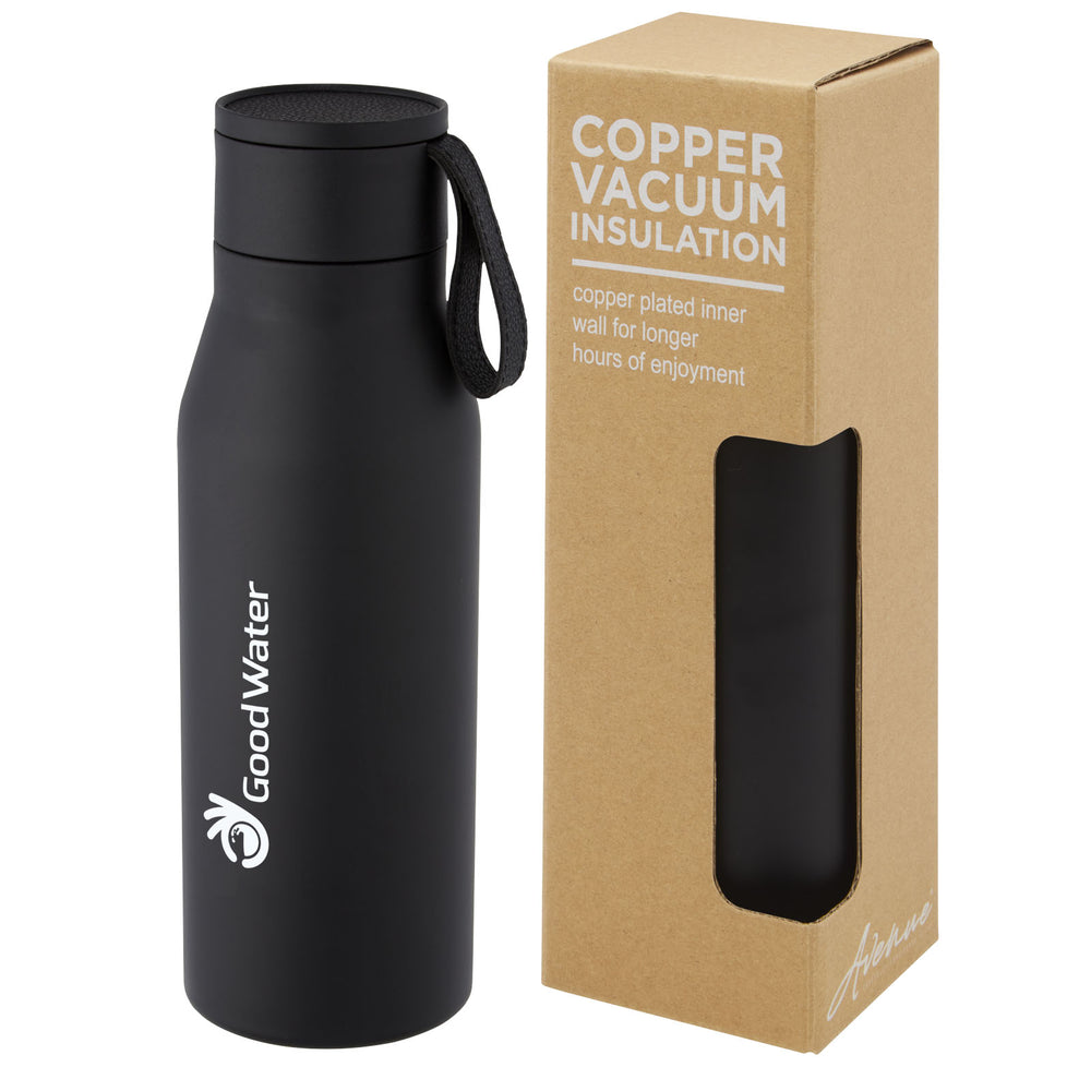 Branded Ljungan 500 ml copper vacuum insulated stainless steel bottle with PU leather strap and lid