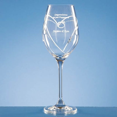 Wine Glass with Heart Shaped cut, featuring crystals bonded to the glass, delicately etched with message and design to loved ones