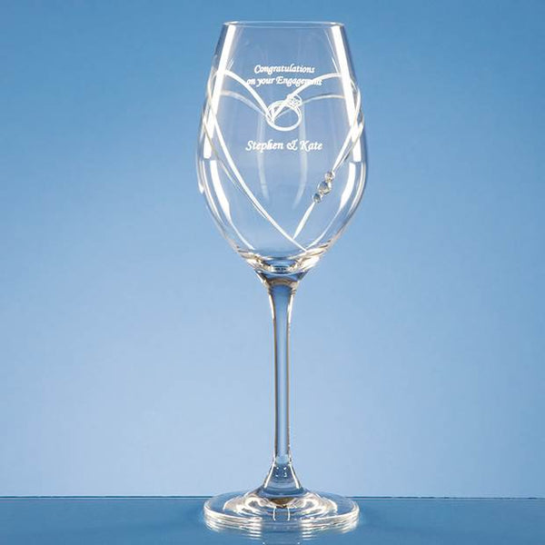 Wine Glass with Heart Shaped cut, featuring crystals bonded to the glass, delicately etched with message and design to loved ones