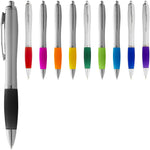 All Nash ballpoint pen silver barrel and coloured grip in black, red, pink, orange, yellow, green, lime, blue, and purple