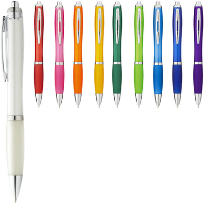 All 10 varients of the Nash ballpoint pen coloured barrel and grip in white, red, pink, orange, yellow, green, lime, aqua, royal blue and purple