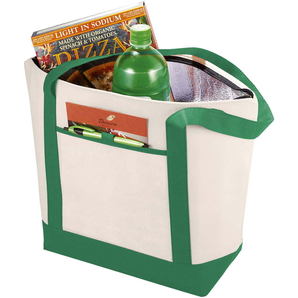 Natural and Green Trim Cooler Bag with Pen loop and zip compartment