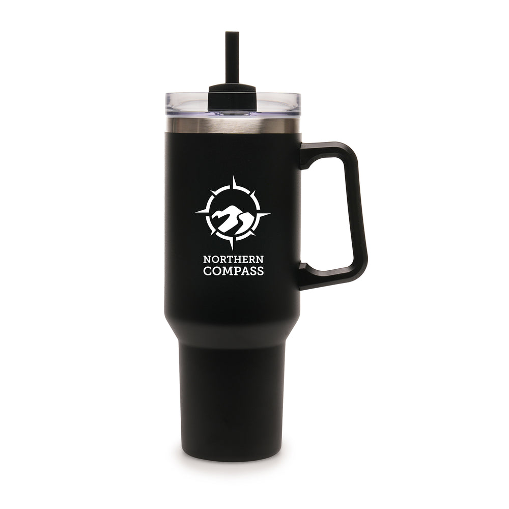 Everest BLACK Stainless Steel Mug with Straw and Handle - 1182ml