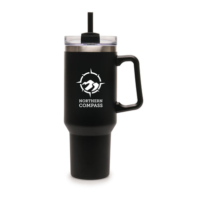 Everest BLACK Stainless Steel Mug with Straw and Handle - 1182ml