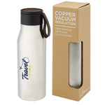 Branded Ljungan 500 ml copper vacuum insulated stainless steel bottle with PU leather strap and lid