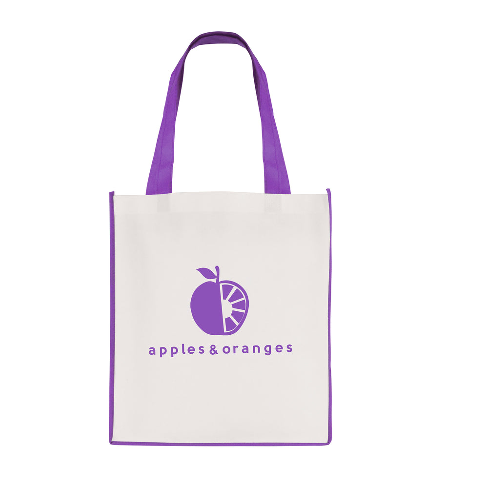 Branded White non woven PP shopper with coloured piping trim and handles