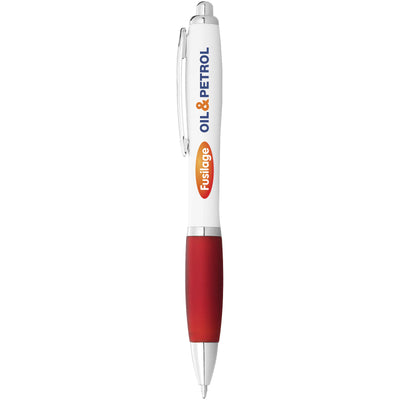 Nash ballpoint pen with white barrel and red grip. Branded down the barrel