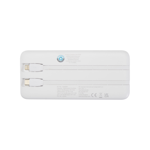 Adhil 10.000 mAh 10W recycled plastic power bank with 2 built-in cables