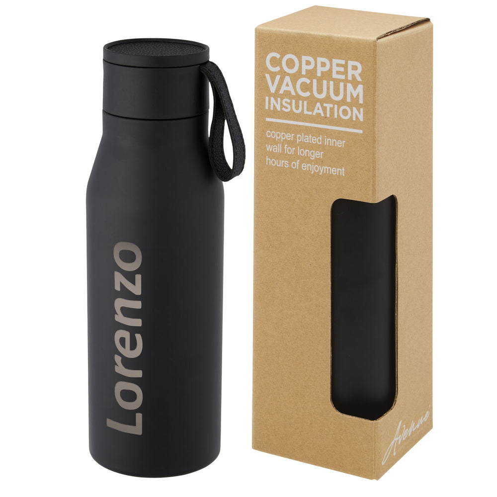 Branded Ljungan 500 ml copper vacuum insulated stainless steel bottle with PU leather strap and lid