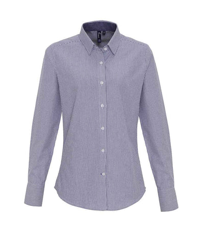 Premier Ladies Long Sleeve Striped Oxford Shirt White/Navy