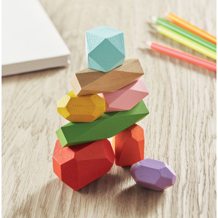 Branded 8 stacking wood rocks in pouch
