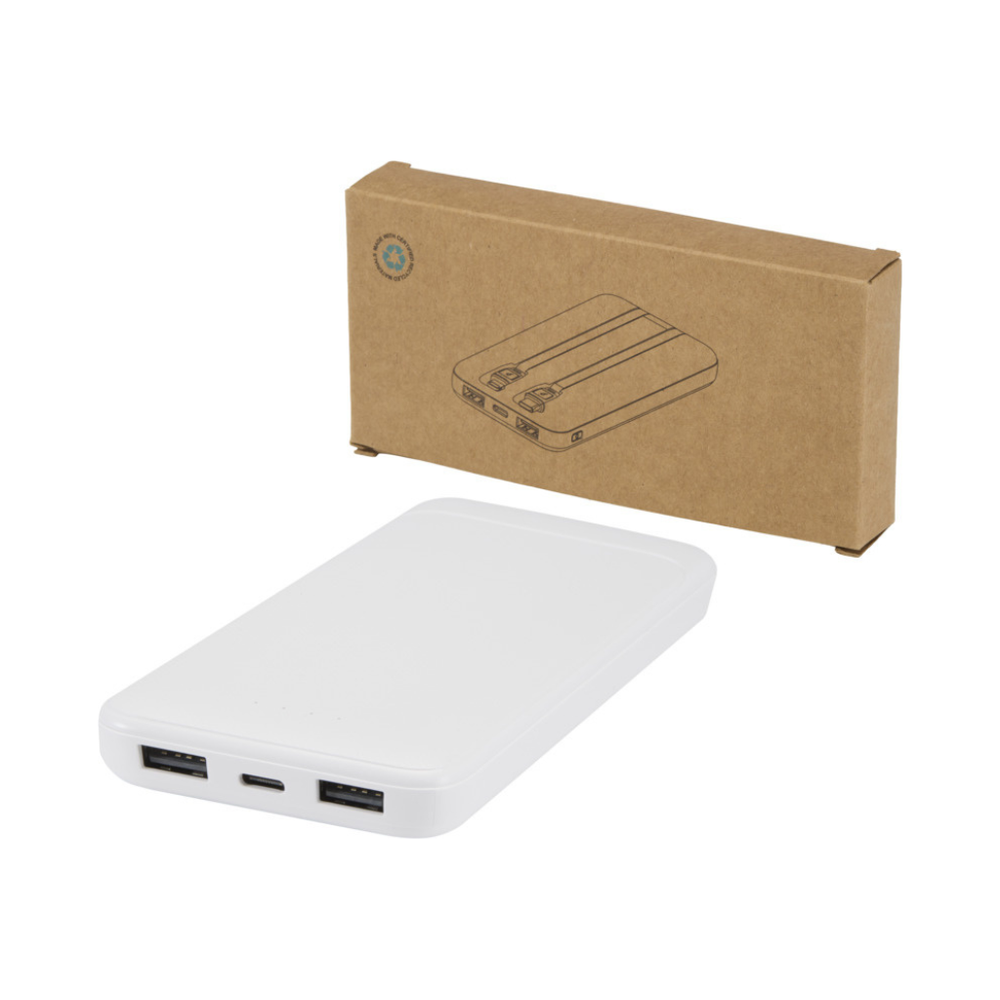 Adhil 10.000 mAh 10W recycled plastic power bank with 2 built-in cables