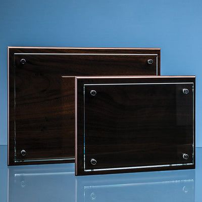 Branded 20cm x 28cm x 5mm Clear Glass Rectangle mounted on a 17mm Thick Brown Wood Plaque