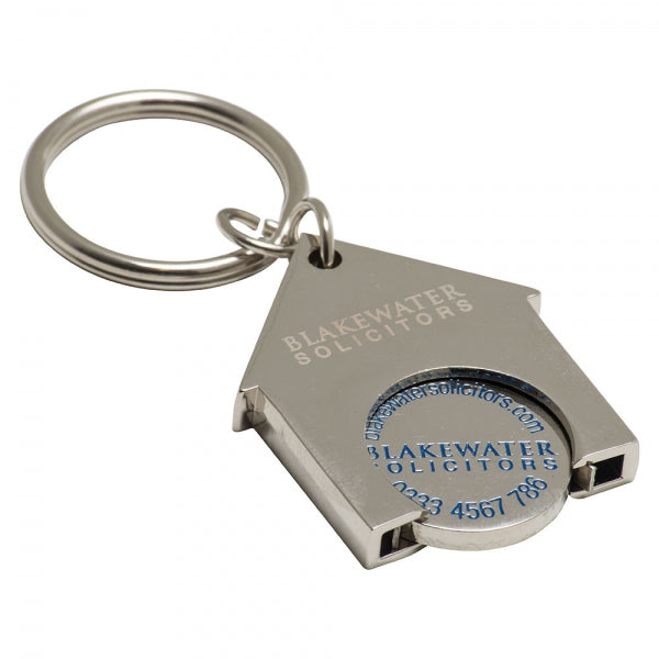 Branded House Shaped Trolley Coin Keyring (Stamped Iron Soft Enamel Infill)