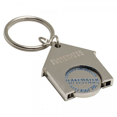 Branded House Shaped Trolley Coin Keyring (Stamped Iron Soft Enamel Infill)