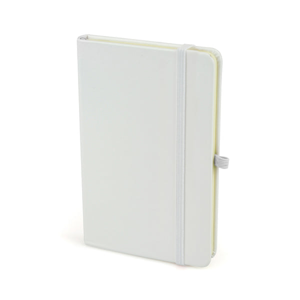 A6 White Notebook with bookmark, pen loop, closure.