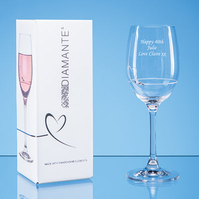 Small Wine Glass boasting a Heart design with gems, alongside a modern stylish box. Featuring a delicate engraved design