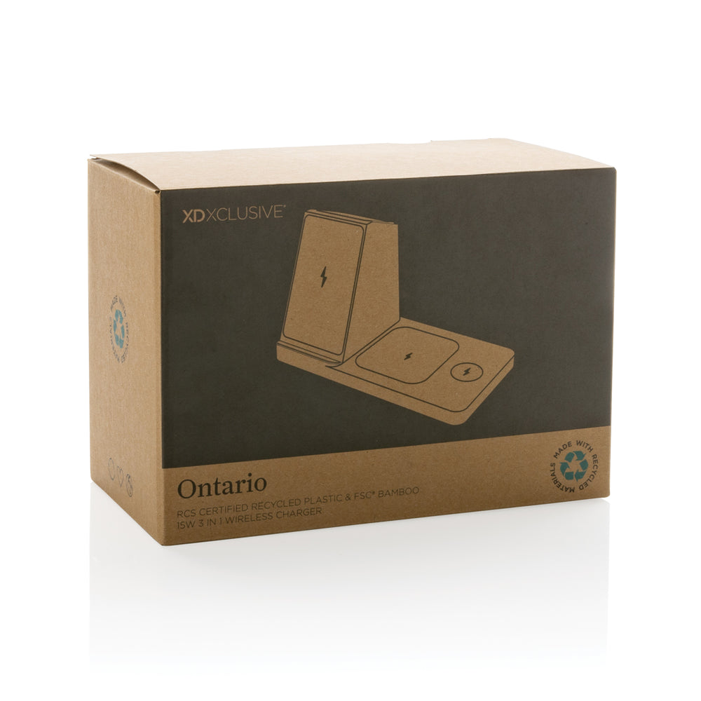 Branded Ontario recycled plastic & bamboo 3-in-1 wireless charger