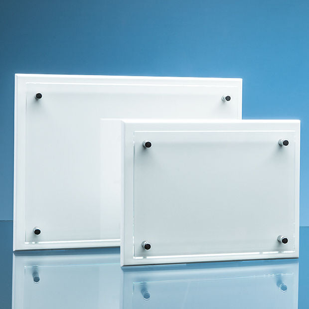 Branded 17.5cm x 22.5cm x 5mm Clear Glass Rectangle mounted on a 17mm Thick White Wood Plaque