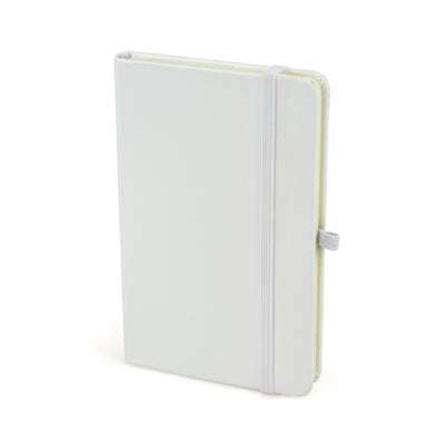 A6 White Notebook with bookmark, pen loop, closure.