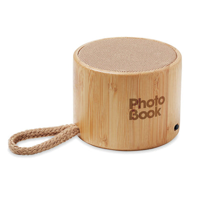 Round bamboo wireless speaker with loop