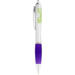 Nash ballpoint pen with silver barrel and purple grip. Branded next to the clip