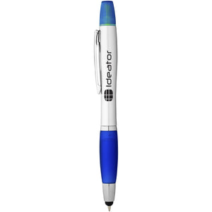 Nash stylus ballpoint pen and highlighter, in white and blue with branding down the barrel