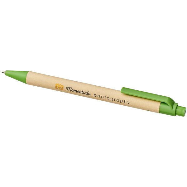Berk recycled carton and corn plastic ballpoint pen in green with branding down the barrel