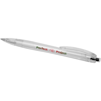 Honua recycled PET ballpoint pen with transparent barrel and black push button. Branding to the barrel