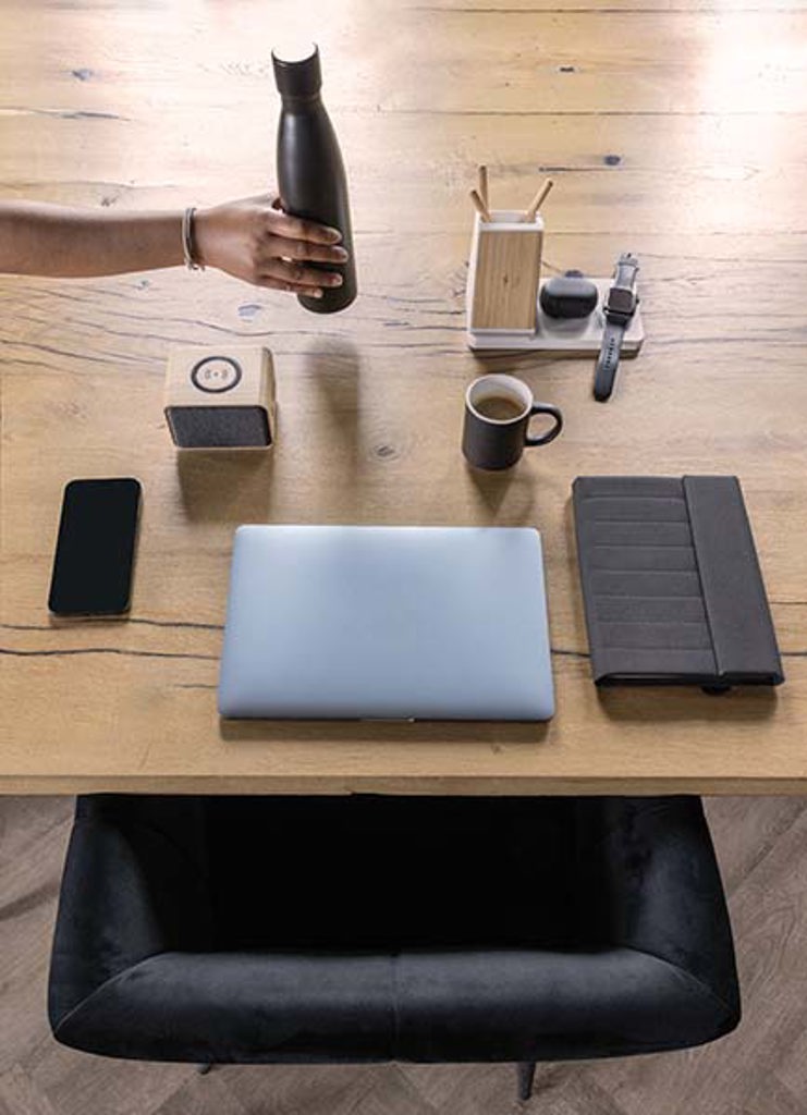 Branded Ontario recycled plastic & bamboo 3-in-1 wireless charger