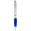 Nash ballpoint pen with silver barrel and blue grip. Branded above the grip