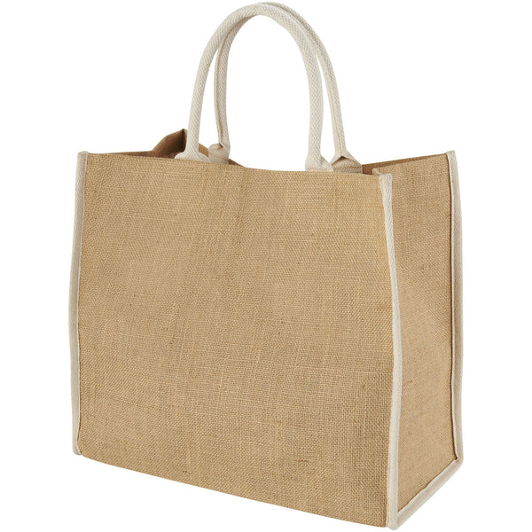 White handle printed jute bag 