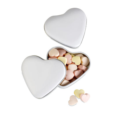 White Heart shaped tin featuring heart shaped candy