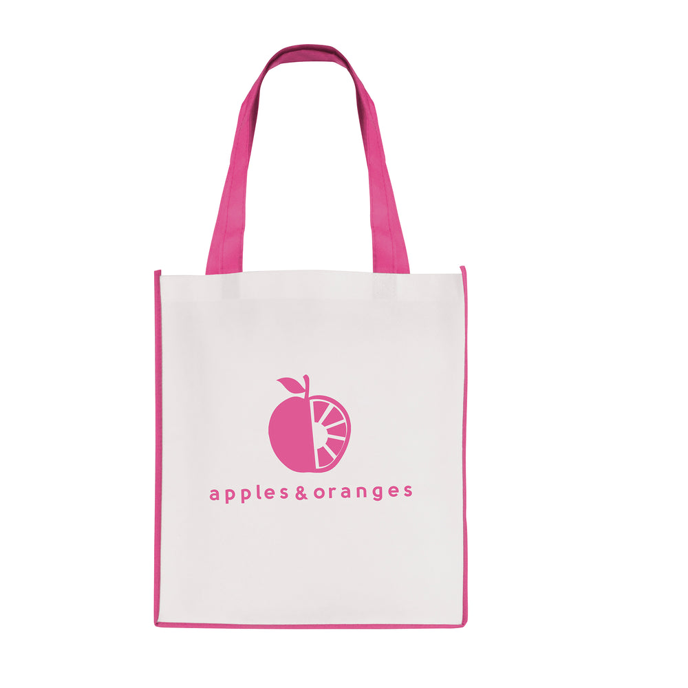 Branded White non woven PP shopper with coloured piping trim and handles