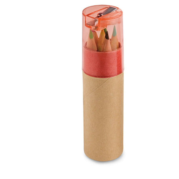 ROLS. Pencil box tube with 6 coloured pencils and sharpener