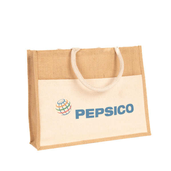 Bromley pocket jute bag with branding on the front