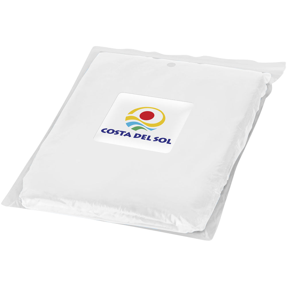 Branded Ziva disposable rain poncho with storage pouch
