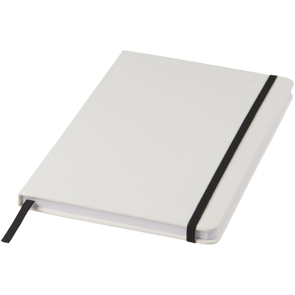 Branded Spectrum A5 white notebook with coloured strap