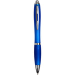 Curvy ballpoint pen with a blue frosted barrel and grip