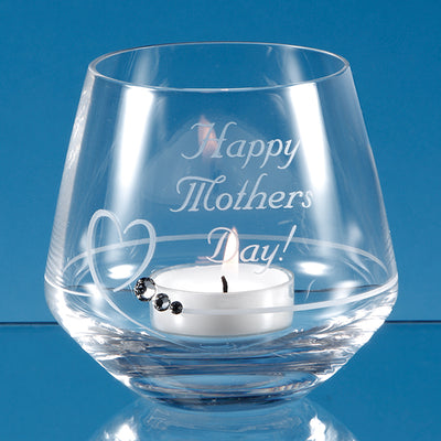 9cm Tealight Holder with Heart shaped cut featuring Swarovski crystals bonded to the glass. With engraved message to loved ones.