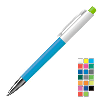 TPC ZENO M - 41250 with a blue barrel, white clip and green button. Features a colour block which colours these pens are available in.