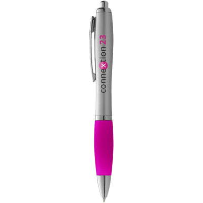 Nash ballpoint pen silver barrel and pink grip with branding down the barrel